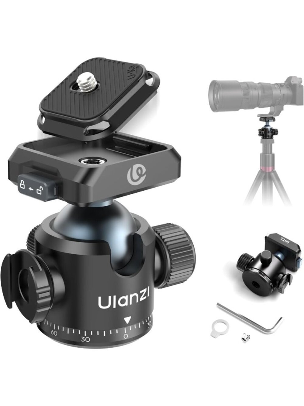 Adjustable Tripod Ball Head Mount, 1/4 & 3/8 Inch, Quick Release for Cameras